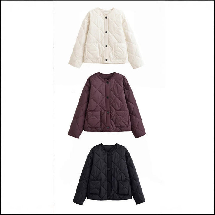 Damen 10+ gefütterte gesteppte Boxy‑Kurzjacke mit Rundhalsausschnitt, durchgehender Knopfleiste und aufgesetzten Taschen Drune