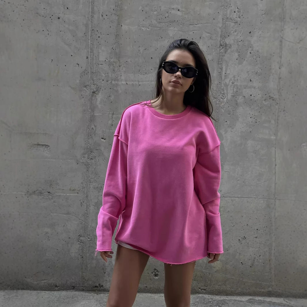 Damen oversized Sweatshirt mit ausgefranstem Saum und verlängerten Ärmeln Drune