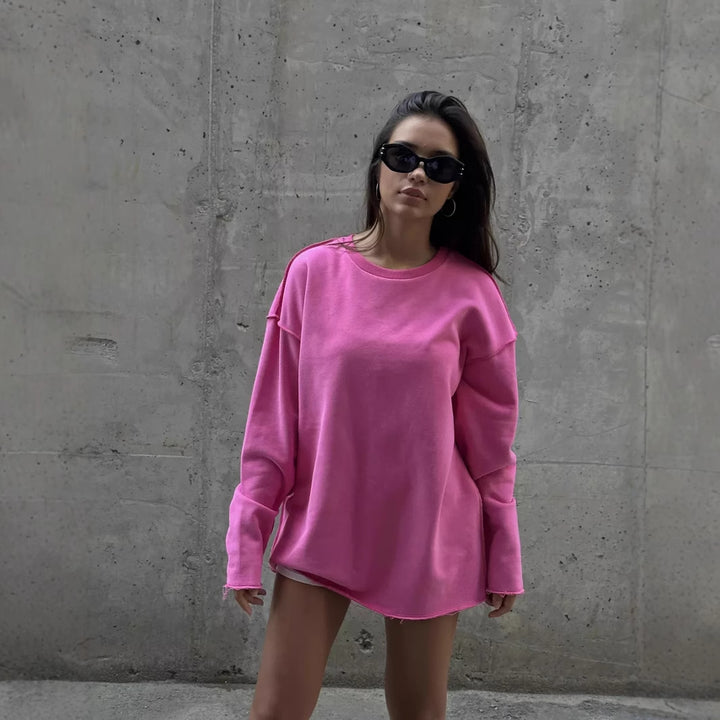Damen oversized Sweatshirt mit ausgefranstem Saum und verlängerten Ärmeln Drune