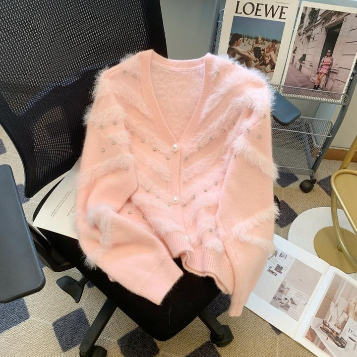 Damen Flauschiger Cardigan mit Perlen Drune