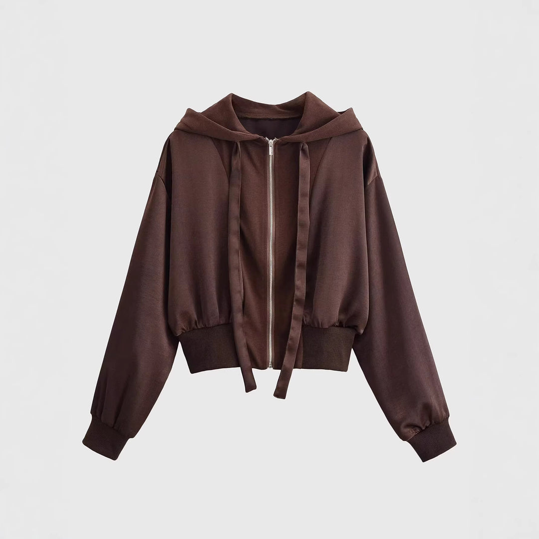 Damen Cropped Hoodie-Jacke mit durchgehendem Reißverschluss, breite Kapuze und taillierendem Rippbund Drune