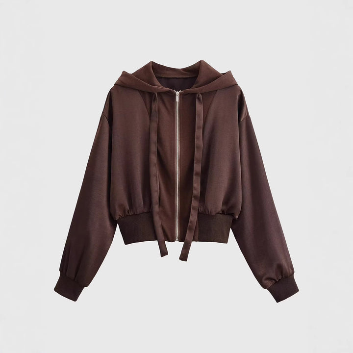 Damen Cropped Hoodie-Jacke mit durchgehendem Reißverschluss, breite Kapuze und taillierendem Rippbund Drune