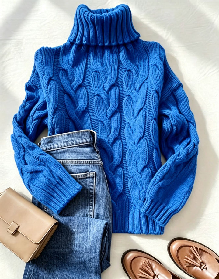 Damen Grobstrick-Rollkragenpullover mit markanten Zopfmustern und gerippten Bündchen Drune