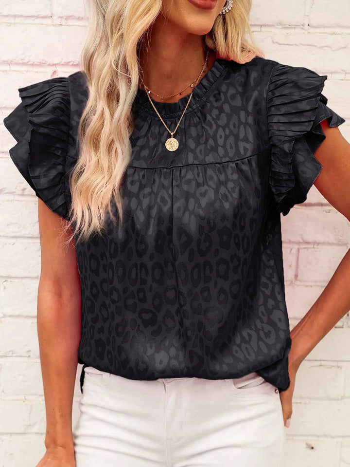 Damen Satinbluse mit Jacquard-Leoprint und gestuften Plissee-Volantärmeln Drune