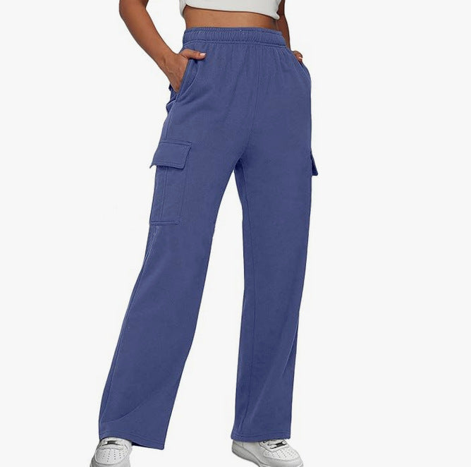 Damen nan lässige Cargo-Freizeithose mit weitem Bein elastischem Bund und aufgesetzten Taschen Drune