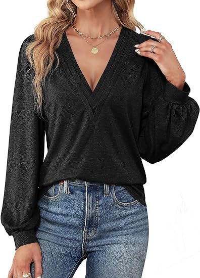 Damen lässiges V-Ausschnitt Shirt mit Puffärmeln und eleganter Raffung Drune