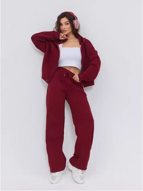 Damen nan zweiteiliges Cozy-Loungewear-Set mit Reißverschlusskapuze, taillenhoher Weitbein-Jogger und verdeckten Eingrifftaschen Drune