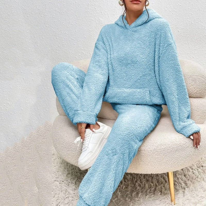 Damen nan kuscheliges Teddy-Fleece Hausanzug-Set mit Kapuze, Kängurutasche und elastischer Jogginghose Drune