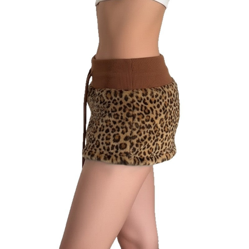 Damen trendiger Kuschelrock mit Leopardendruck und elastischem Bund Drune