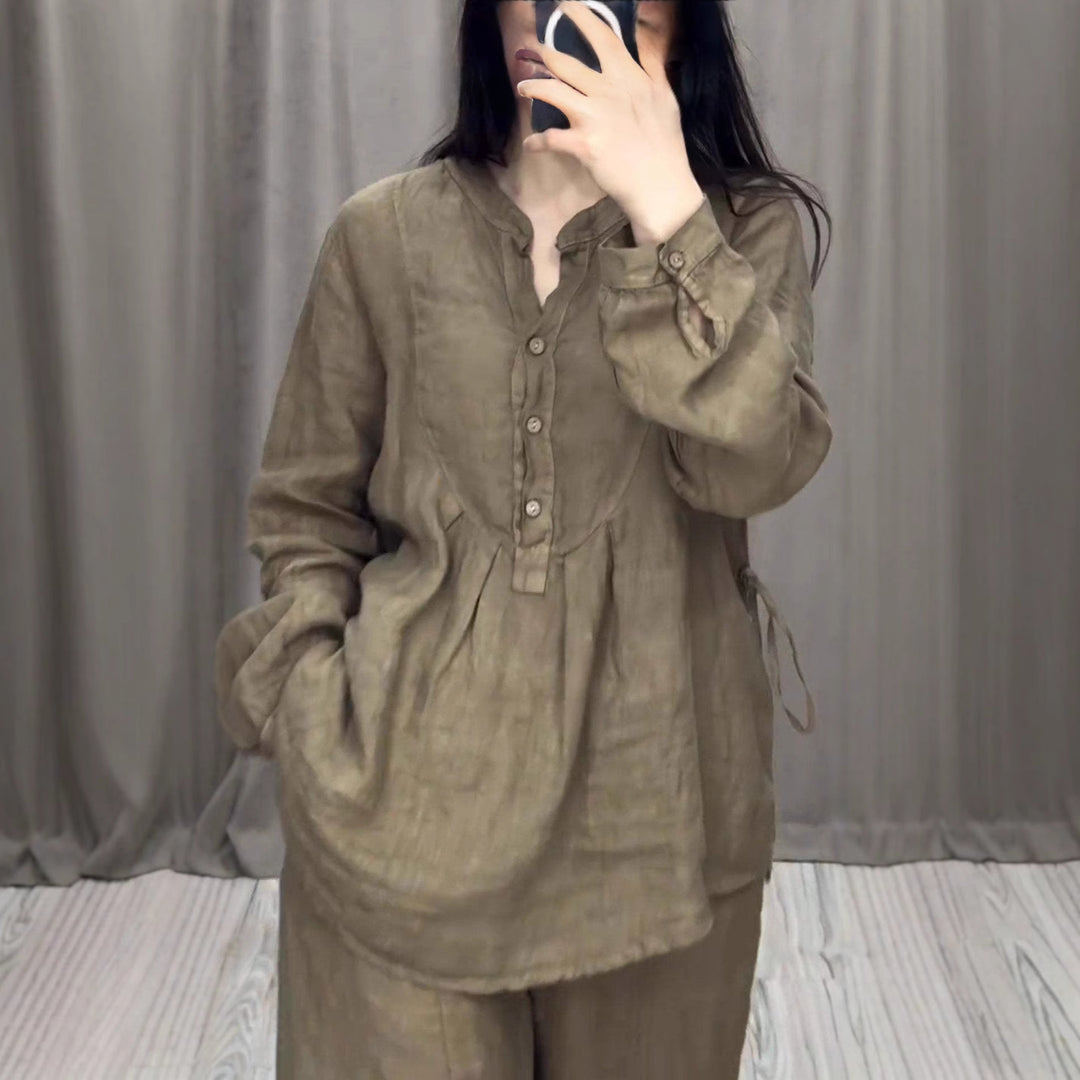 Damen nan lässiges Leinen-Set Tunika mit weitem Bein, Knopfleiste und Seitentaschen Drune