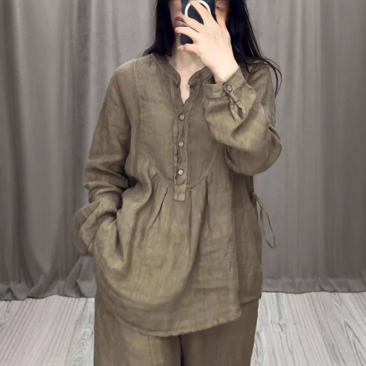 Damen nan lässiges Leinen-Set Tunika mit weitem Bein, Knopfleiste und Seitentaschen Drune