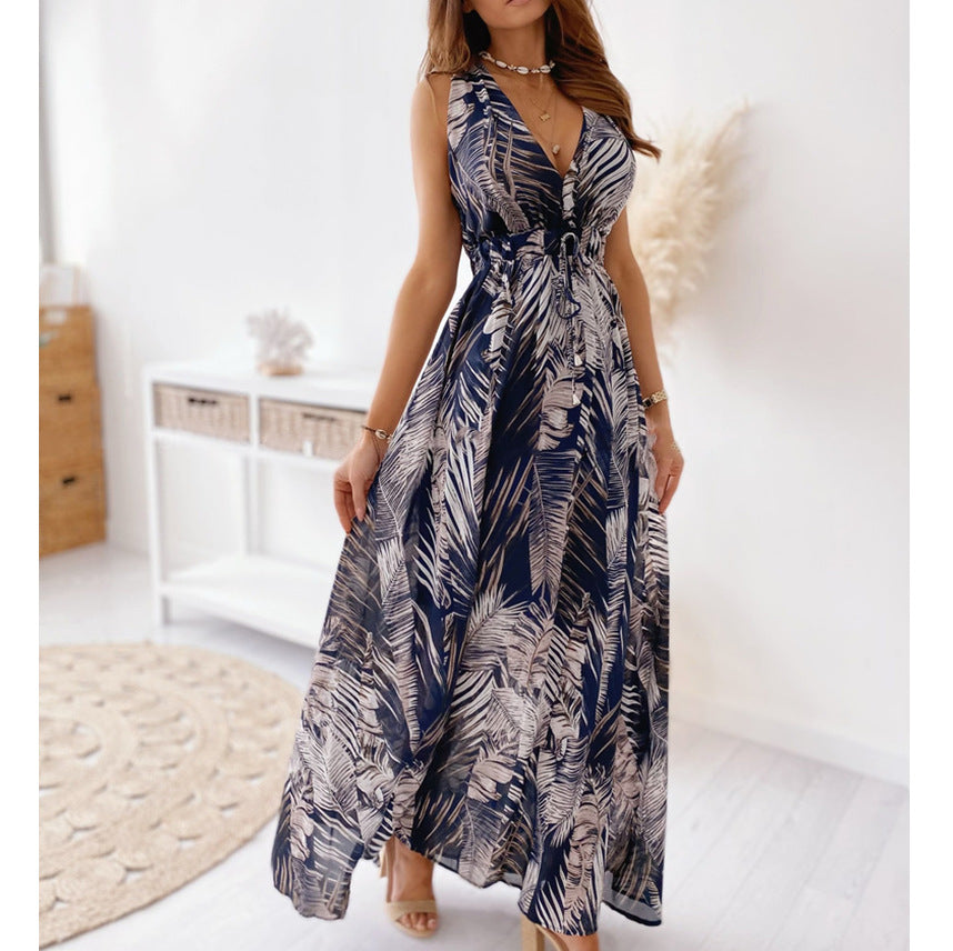 Damen Maxikleid mit tiefem V-Ausschnitt und elastischer Taillenbindung Drune