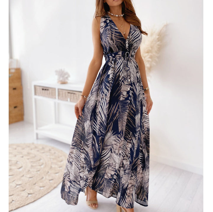 Damen Maxikleid mit tiefem V-Ausschnitt und elastischer Taillenbindung Drune