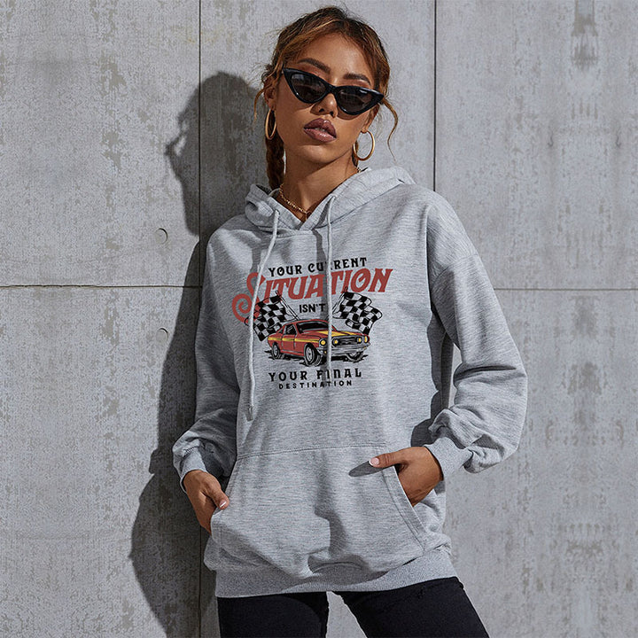 Damen Oversize-Kapuzenpullover mit Vintage-Racer-Print, Kängurutasche und geripptem Saum Drune