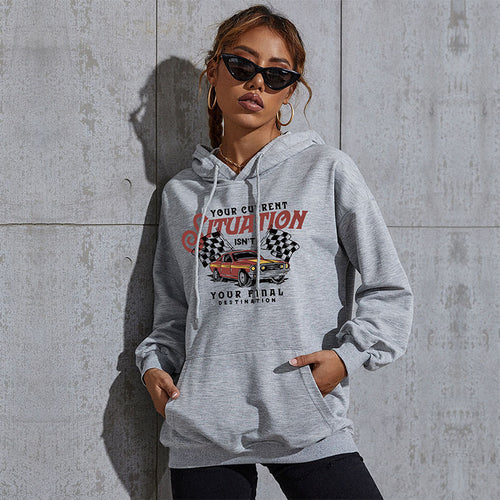 Damen Oversize-Kapuzenpullover mit Vintage-Racer-Print, Kängurutasche und geripptem Saum Drune
