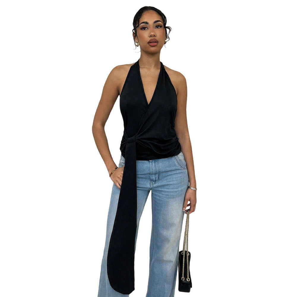 Damen Wickel-Top mit tiefem V-Ausschnitt und eleganten Binde-Details Drune
