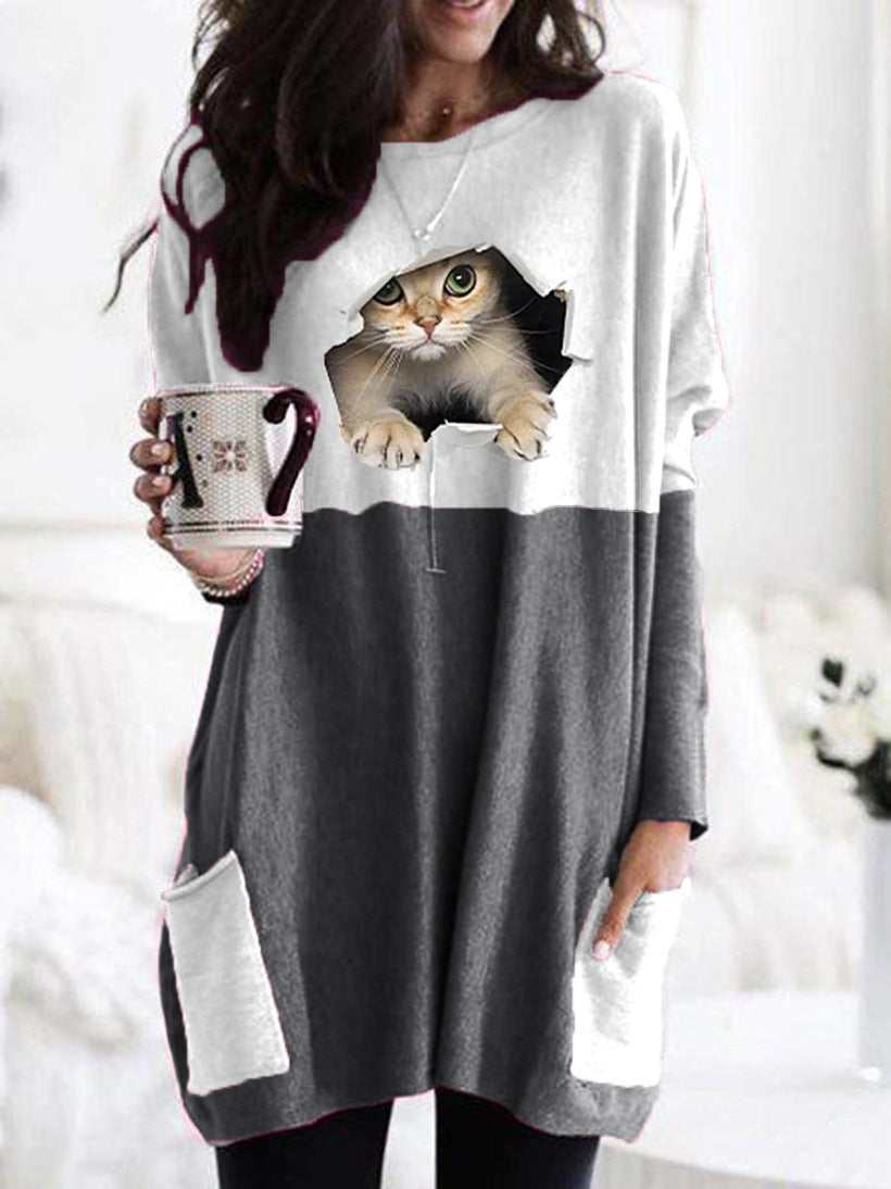 Frauen Längerer Colorblock Strickpullover mit Katzenmotiv und aufgesetzten Taschen Drune