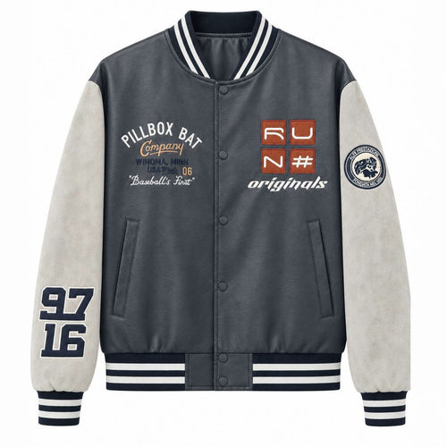 Herren Varsity-Bomberjacke im Retro-College-Stil mit Kunstlederkörper und Kontrastärmeln Drune