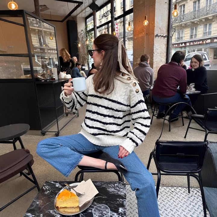 Damen Strickpullover mit maritimen Streifen und Knopfdetails Drune
