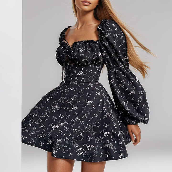 Damen Blumenkleid mit Puffärmeln und dezentem V-Ausschnitt Drune