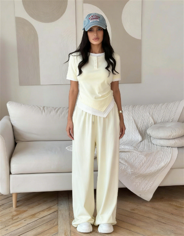 Damen elegantes Set aus Kurzarmshirt und weit geschnittenen Hosen Drune