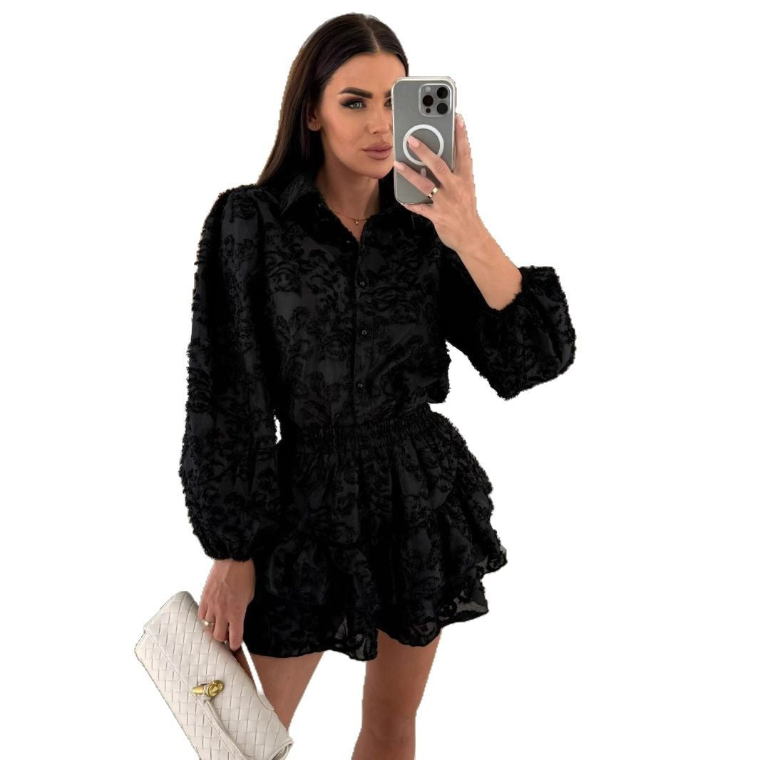 Damen Blusen-Kleid mit floraler Spitze und schwingendem Rock Drune