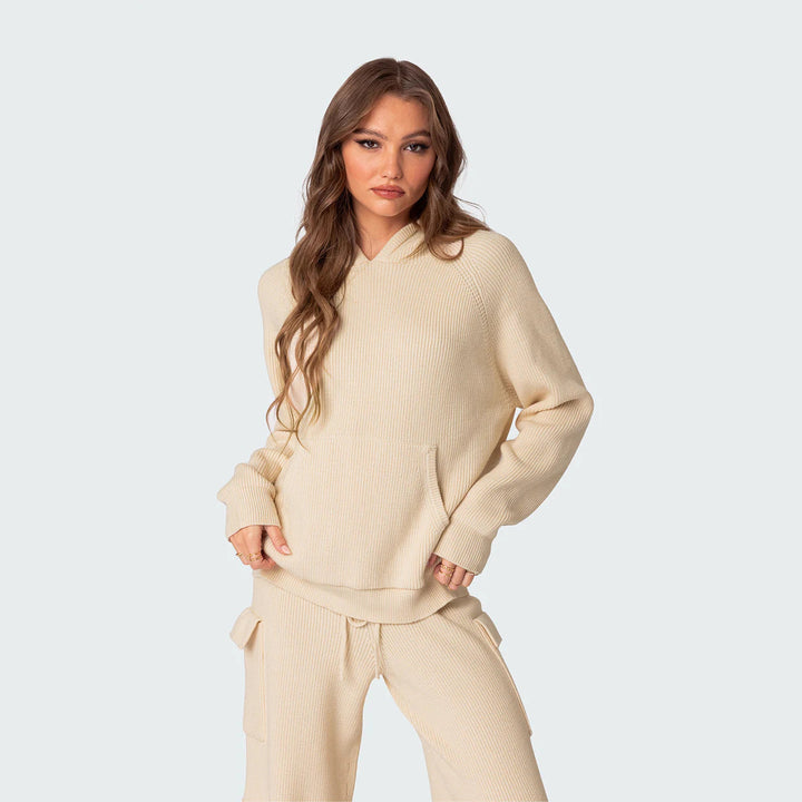 Damen gerippter Kapuzenpullover mit Kängurutasche und leichter Waffelstruktur Drune