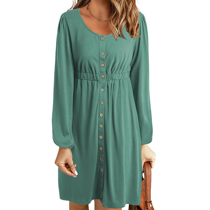 Damen knielanges Kleid mit Knopfdetails und elastischem Taillenzug Drune