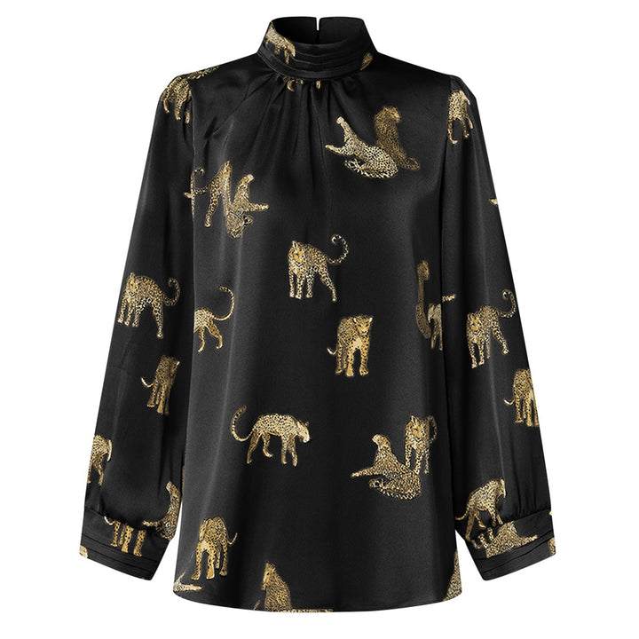 Damen Hochgeschlossenes Satinblusenshirt mit Stehkragen und Animal‑Print Drune