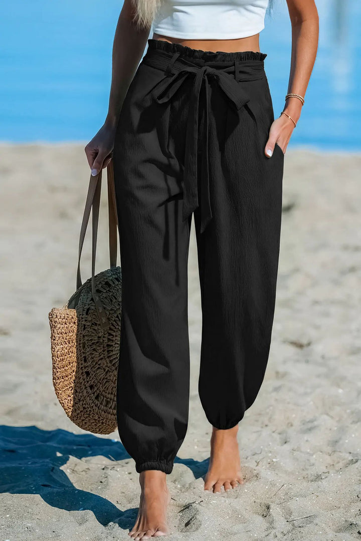 Damen Leichte Paperbag-Hochbund-Hose mit Bindegürtel, Seitentaschen und elastischen Knöchelbündchen Drune
