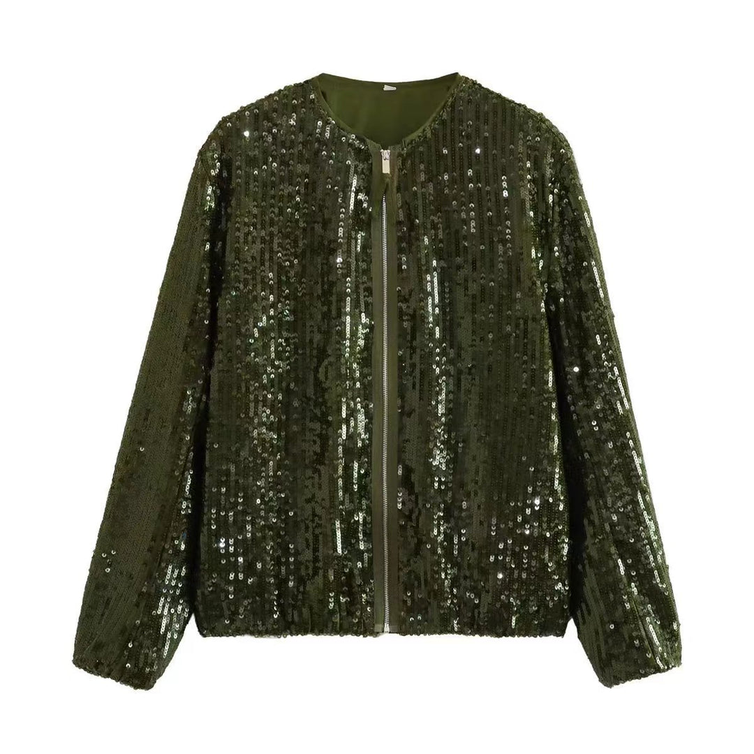 Damen Paillettenjacke mit durchgehendem Reißverschluss und elegantem Stehkragen Drune