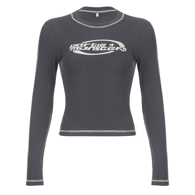 Damen nan figurbetontes Langarm-Crop-Shirt mit Logo-Print und Kontrastnähten Drune