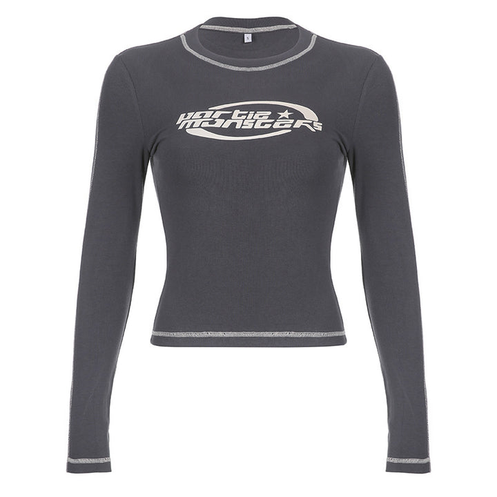 Damen nan figurbetontes Langarm-Crop-Shirt mit Logo-Print und Kontrastnähten Drune