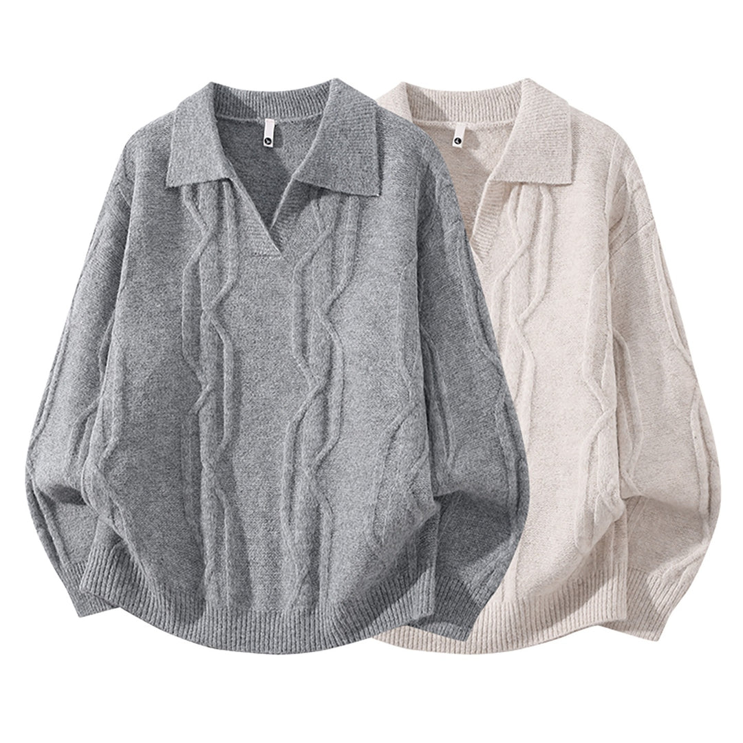 Damen Oversize Mohair‑Optik Zopfstrickpullover mit Polokragen und V‑Ausschnitt Drune