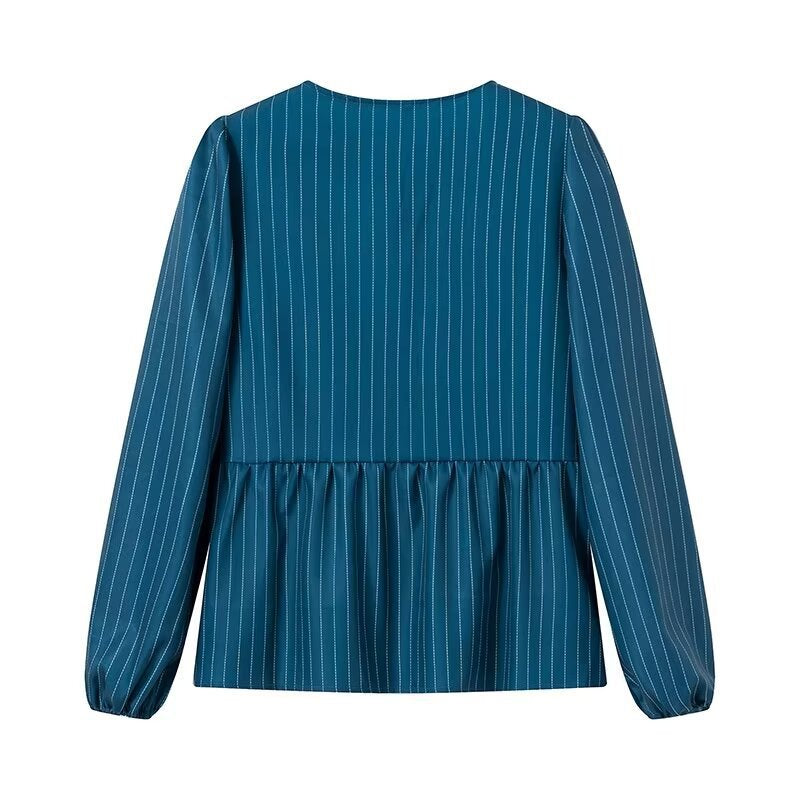 Damen Gestreifte Peplum‑Bluse mit vorderer Schnürung und langen Ballonärmeln Drune