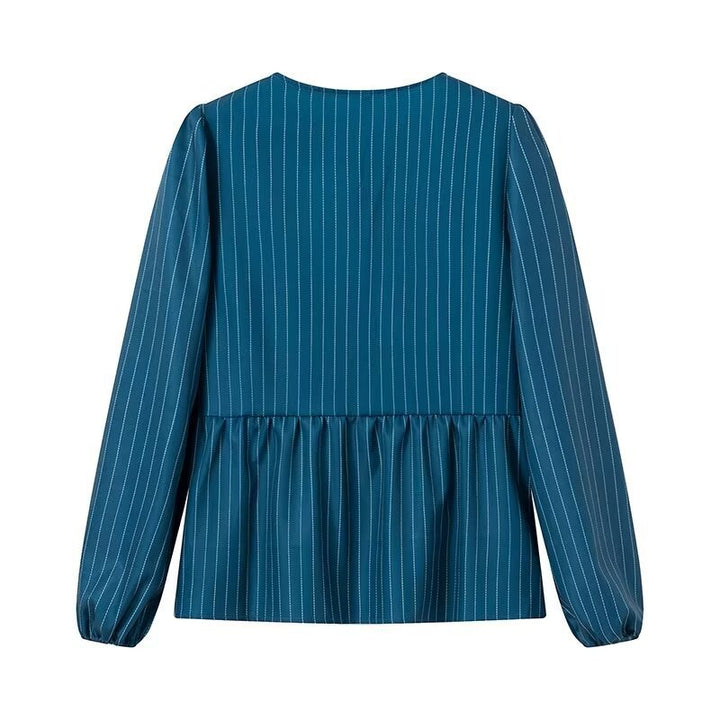 Damen Gestreifte Peplum‑Bluse mit vorderer Schnürung und langen Ballonärmeln Drune