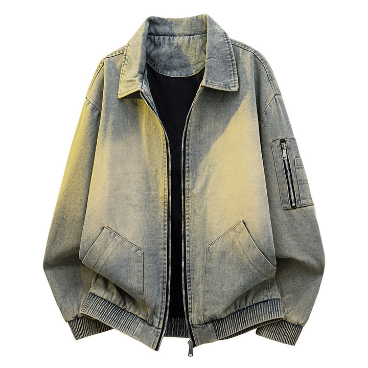 Herren Oversize Jeans‑Bomberjacke mit Used‑Waschung und Reißverschluss‑Ärmeltasche Drune