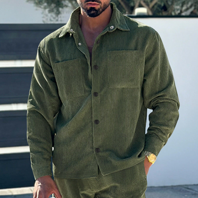 Herren Kord-Überhemd im Oversize-Look mit Brusttaschen und durchgehender Knopfleiste Drune