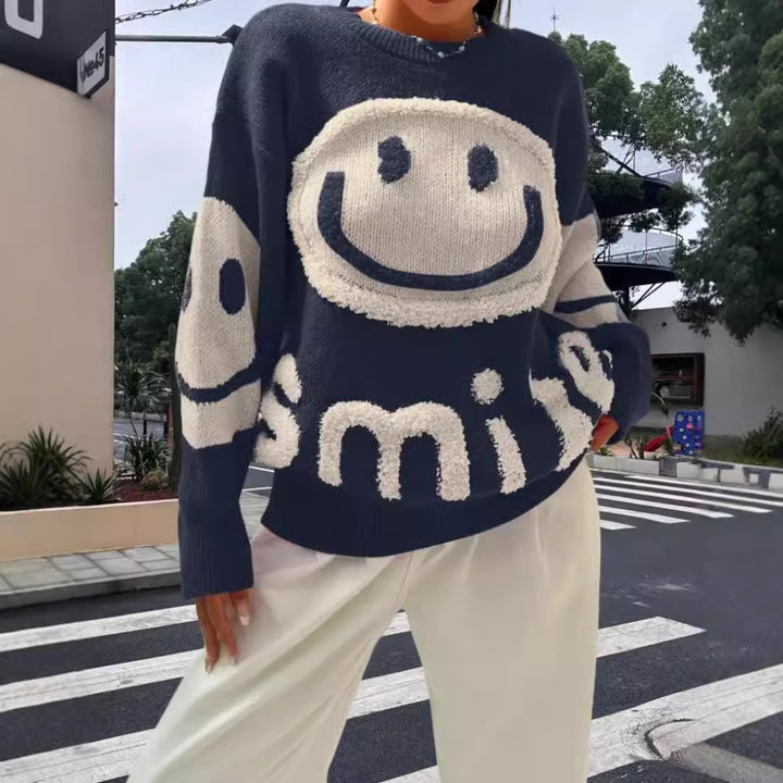 Damen Strickpullover mit fröhlichem Emoji-Motiv und komfortablem Schnitt Drune