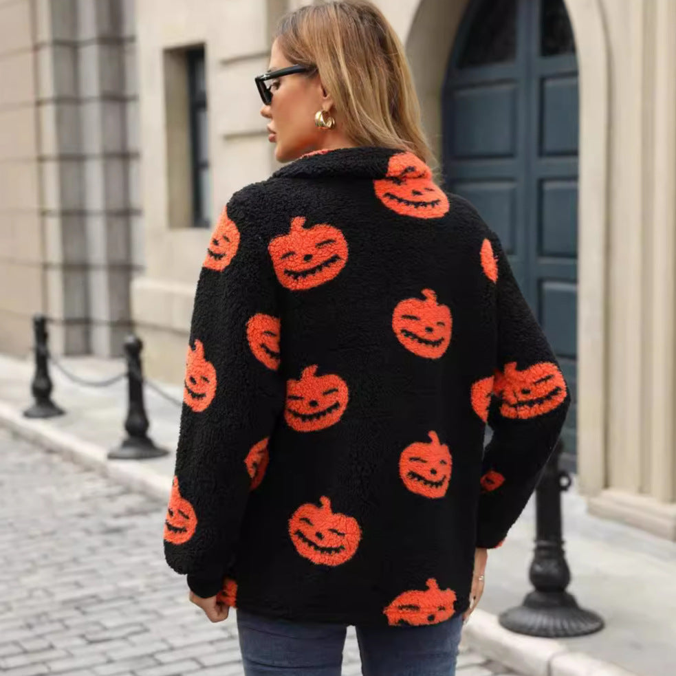 Damen Plüschpullover mit Halloween-Motiv und praktischen Taschen Drune