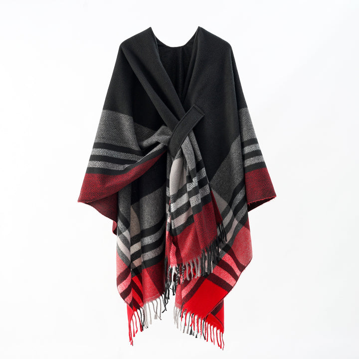 Damen Strickponcho mit geometrischem Blockmuster und Fransen Drune