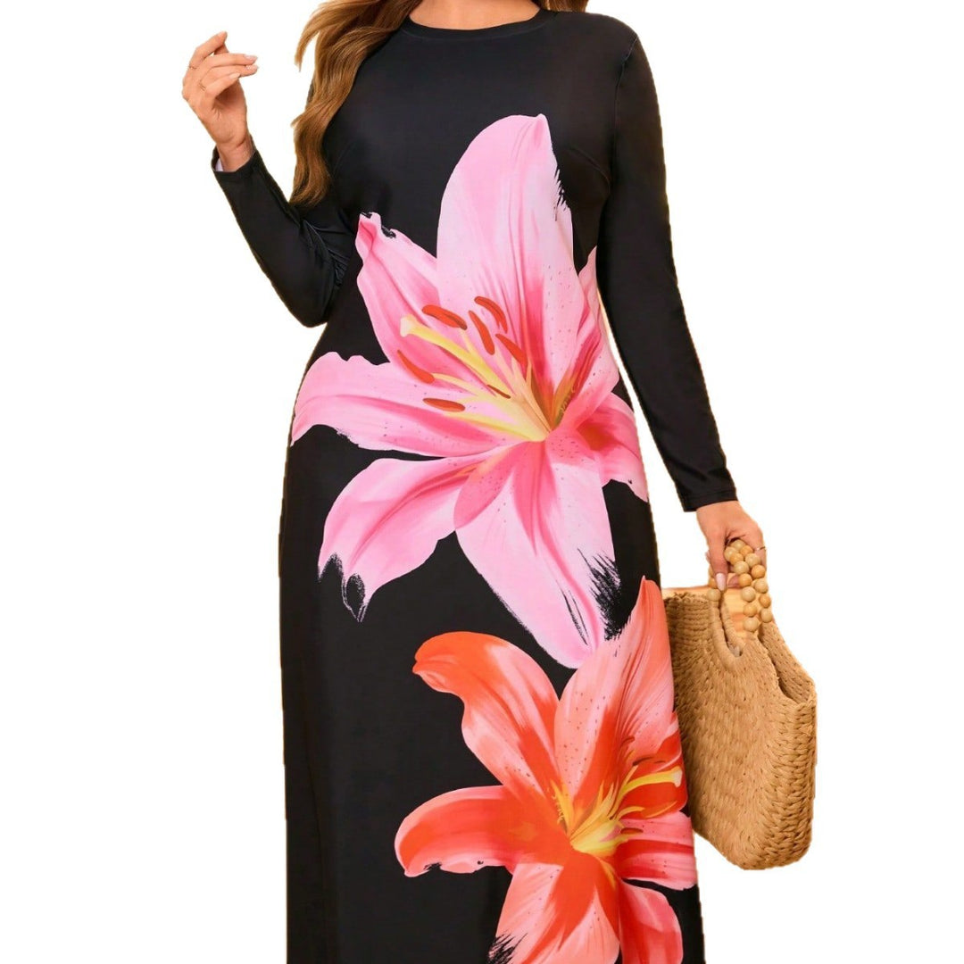 Damen Strandkleid mit langen Ärmeln und floralem Design Drune