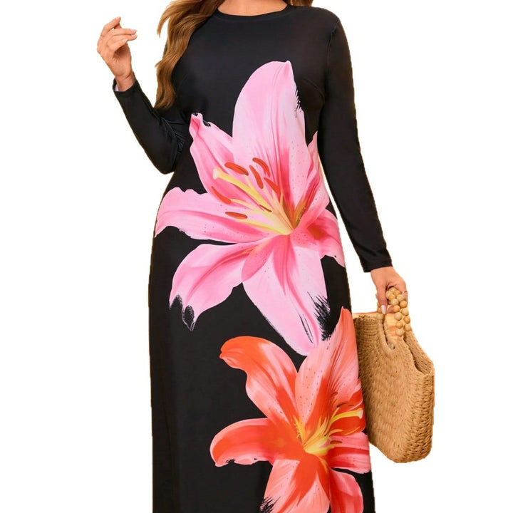 Damen Strandkleid mit langen Ärmeln und floralem Design Drune