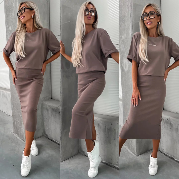 Damen lässiges Zweiteiler-Set aus Feinstrick mit oversized Shirt und Midi-Bleistiftrock mit Seitenschlitz Drune