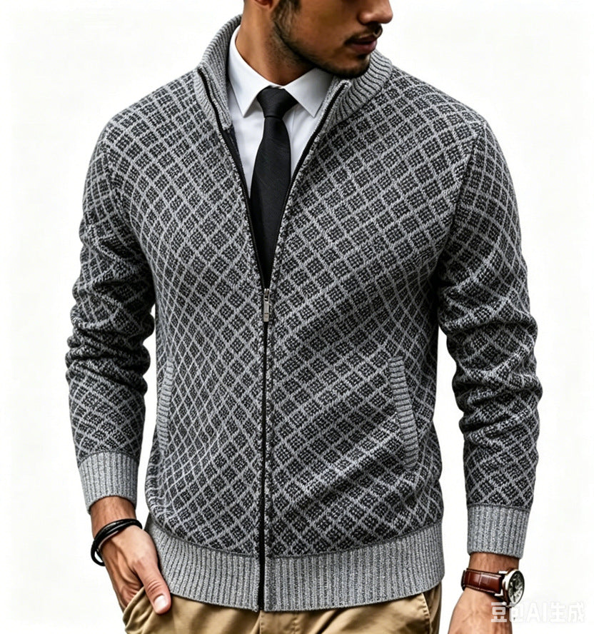 Herren Strukturierte Strickjacke mit Stehkragen und Diamant-Jacquard Drune