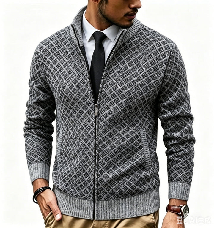 Herren Strukturierte Strickjacke mit Stehkragen und Diamant-Jacquard Drune
