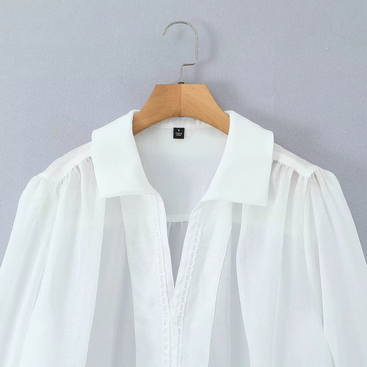 Damen Transparente Chiffon-Bluse mit Spitzenbesatz, Ballonärmeln und breiten Manschetten Drune