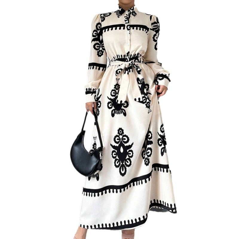 Damen Langarm-Maxikleid mit elegantem Knopfdesign und taillierbarem Gürtel Drune