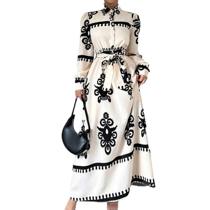 Damen Langarm-Maxikleid mit elegantem Knopfdesign und taillierbarem Gürtel Drune