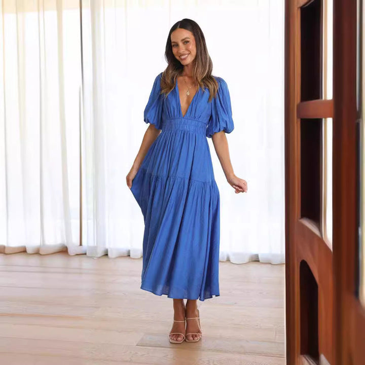Damen Maxikleid mit weiten Puffärmeln und elastischem Taillenzug Drune